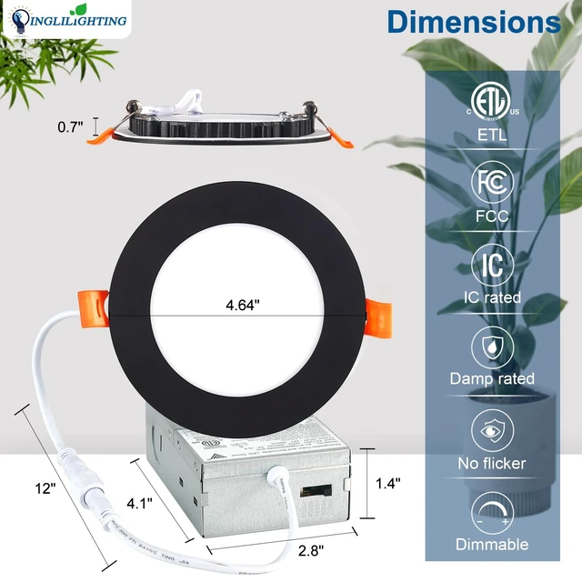 Alt view image 6 of 7 - DLLT LED Recessed Ceiling Lights: Black 12 Pack 4 Inch 5CCT Ultra-Thin Lighting with Junction Box for Bedroom - 900LM Brightness 9W Eqv 80W Dimmable Canless Wafer Downlight with ETL&FCC