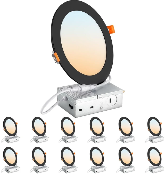 Main image of DLLT LED Recessed Ceiling Lights: Black 12 Pack 6 Inch 5CCT Ultra-Thin Lighting with Junction Box for Bedroom - 1200LM Brightness 12W Eqv 110W Dimmable Canless Wafer Downlight with ETL&FCC