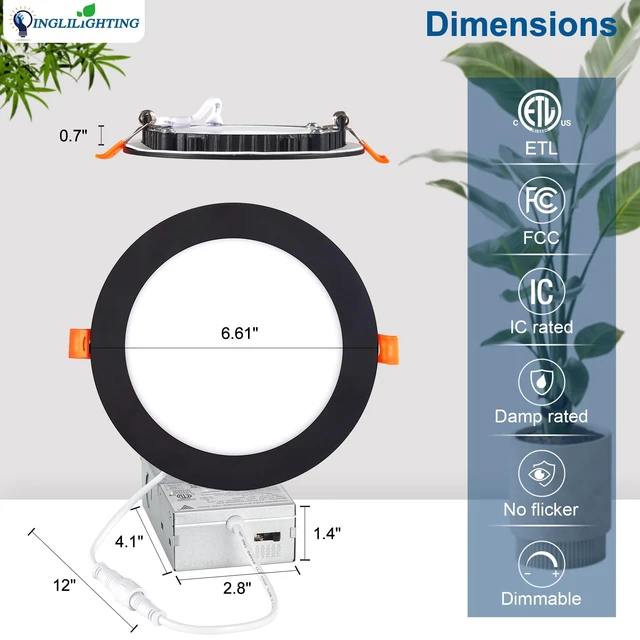 Alt view image 5 of 7 - DLLT LED Recessed Ceiling Lights: Black 12 Pack 6 Inch 5CCT Ultra-Thin Lighting with Junction Box for Bedroom - 1200LM Brightness 12W Eqv 110W Dimmable Canless Wafer Downlight with ETL&FCC