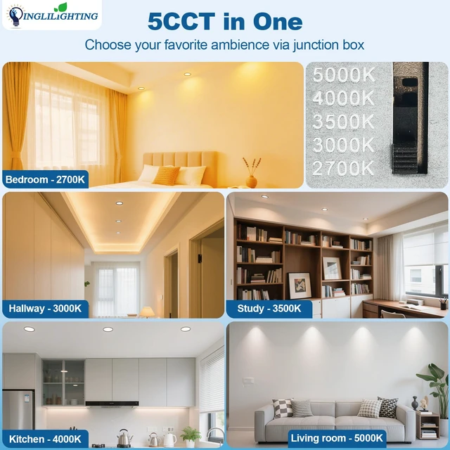 Alt view image 6 of 7 - DLLT LED Recessed Ceiling Lights: Black 12 Pack 6 Inch 5CCT Ultra-Thin Lighting with Junction Box for Bedroom - 1200LM Brightness 12W Eqv 110W Dimmable Canless Wafer Downlight with ETL&FCC