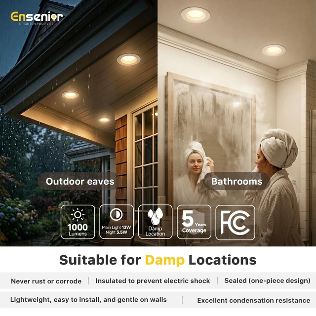 Alt view image 4 of 7 - Ensenior 24 Pack 5/6 Inch 5CCT LED Recessed Lighting with Night Light | Retrofit Baffle Trim, 2700K-5000K Selectable Can Lights, Dimmable, 1000LM, 9W=110W, Damp Rated, ETL&FCC&IC, E26 Install