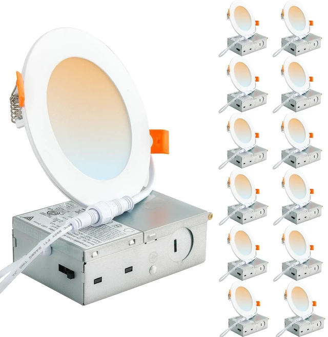 Main image of DLLT LED Recessed Ceiling Lights: 12 Pack 4 Inch 5CCT Ultra-Thin Lighting with Junction Box for Bedroom - 900LM Brightness 9W Eqv 90W Dimmable Canless Wafer Downlight with ETL&FCC
