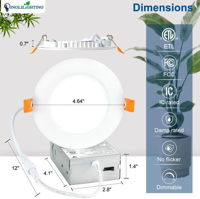 Alt view image 6 of 7 - DLLT LED Recessed Ceiling Lights: 12 Pack 4 Inch 5CCT Ultra-Thin Lighting with Junction Box for Bedroom - 900LM Brightness 9W Eqv 90W Dimmable Canless Wafer Downlight with ETL&FCC
