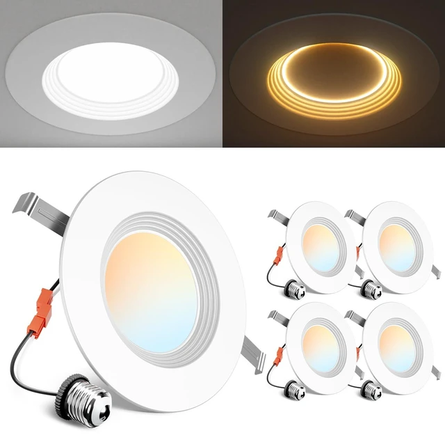 Main image of Ensenior 4 Pack 5/6 Inch 5CCT LED Recessed Lighting with Night Light | Retrofit Baffle Trim, 2700K-5000K Selectable Can Lights, Dimmable, 1000LM, 9W=110W, Damp Rated, ETL&FCC&IC, E26 Install