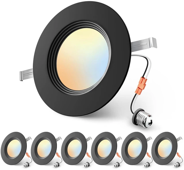 Main image of Ensenior 5/6 Inch Black LED Recessed Can Lights, 5CCT, 9W, 1000LM, 6 Pack | Retrofit Baffle Trim, 5%-100% Dimmable, 2700K-5000K Selectable CCT, Damp&IC Rated, ETL&FCC Certified, Quick E26 Install