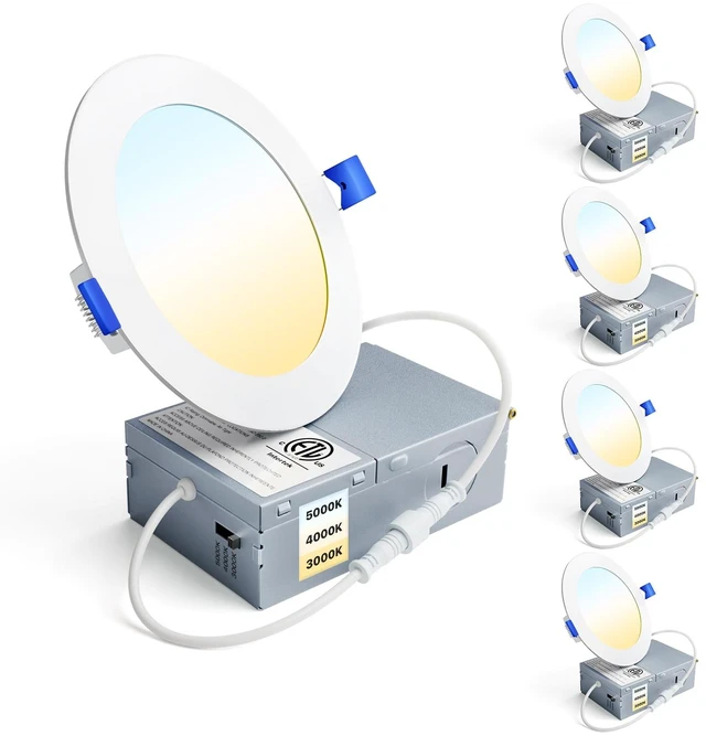 Main image of Ensenior 4 Pack 4 Inch LED Recessed Light, 3CCT Dimmable Canless Wafer | 3000K-5000K Selectable, 5%-100% Dimmable, 750LM 9W 120V, IC & Damp Rated, ETL & FCC & UL Certified, 50000h Life Span