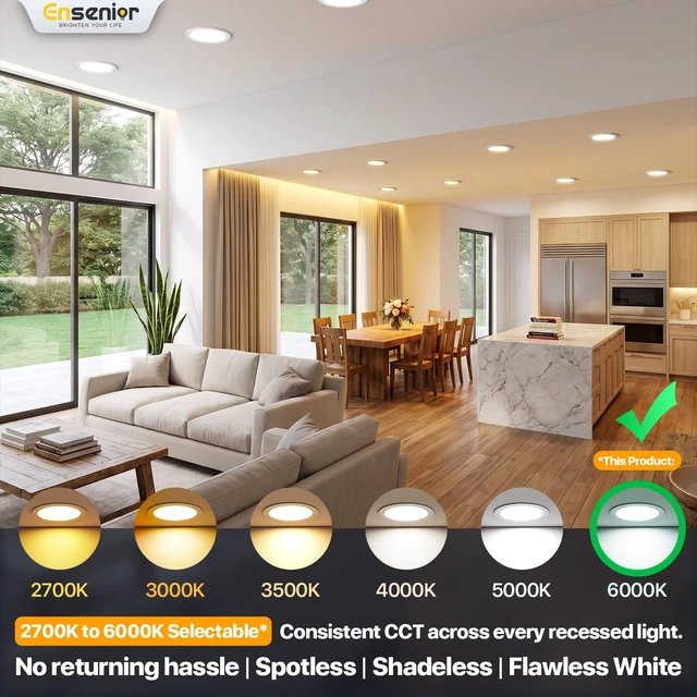 Alt view image 4 of 7 - Ensenior 6 Pack 6 Inch 6000K Dimmable Canless Wafer LED Recessed Light | 5%-100% Dimmable, 6000K Clear White, 1200LM 12W 120V, ETL & FCC & UL Certified, IC & Damp Rated, 50000h Life Span