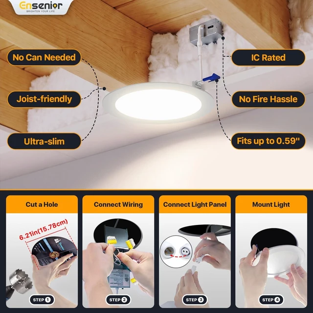 Alt view image 6 of 7 - Ensenior 6 Pack 6 Inch 6000K Dimmable Canless Wafer LED Recessed Light | 5%-100% Dimmable, 6000K Clear White, 1200LM 12W 120V, ETL & FCC & UL Certified, IC & Damp Rated, 50000h Life Span