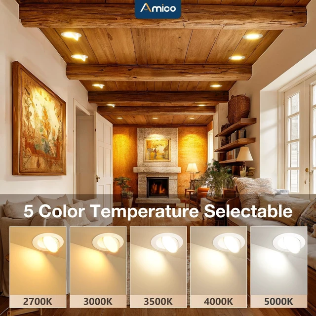 Alt view image 3 of 7 - Amico 4 Pack 6 Inch 5CCT Gimbal LED Recessed Ceiling Light | 360°Rotation & 90°Tilt, 12W 1200LM, CRI90+, Dimmable, ETL&FCC, Adjustable Eyeball Directional Wafer Downlight, J-Box Included