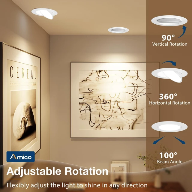 Alt view image 2 of 7 - Amico 4 Pack 6 Inch 5CCT Gimbal LED Recessed Ceiling Light | 360°Rotation & 90°Tilt, 12W 1200LM, CRI90+, Dimmable, ETL&FCC, Adjustable Eyeball Directional Wafer Downlight, J-Box Included