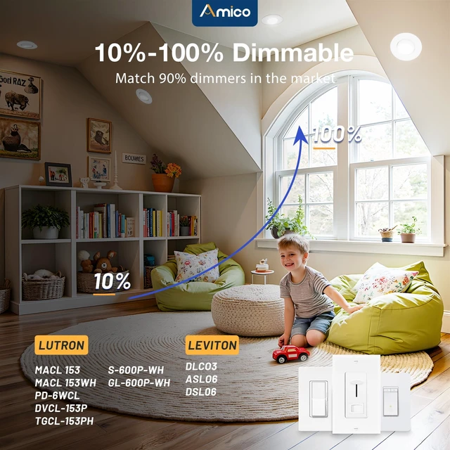 Alt view image 5 of 7 - Amico 4 Pack 6 Inch 5CCT Gimbal LED Recessed Ceiling Light | 360°Rotation & 90°Tilt, 12W 1200LM, CRI90+, Dimmable, ETL&FCC, Adjustable Eyeball Directional Wafer Downlight, J-Box Included
