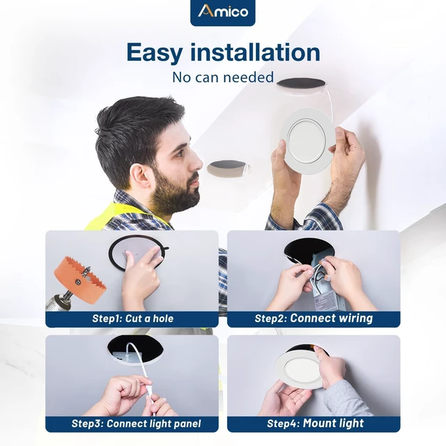 Alt view image 6 of 7 - Amico 4 Pack 6 Inch 5CCT Gimbal LED Recessed Ceiling Light | 360°Rotation & 90°Tilt, 12W 1200LM, CRI90+, Dimmable, ETL&FCC, Adjustable Eyeball Directional Wafer Downlight, J-Box Included