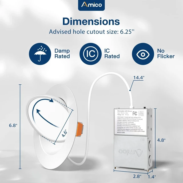 Alt view image 7 of 7 - Amico 4 Pack 6 Inch 5CCT Gimbal LED Recessed Ceiling Light | 360°Rotation & 90°Tilt, 12W 1200LM, CRI90+, Dimmable, ETL&FCC, Adjustable Eyeball Directional Wafer Downlight, J-Box Included