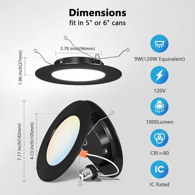 Alt view image 4 of 7 - LVWIT 6 Inch Recessed Lights, 5CCT LED Can Lights, Dimmable, 6 Pack,Black | 2700/3000/4000/5000/6000K Selectable,9W=120W,1000LM,Easy Install Retrofit Recessed Lighting 6 Inch With E26,IC Rated & ETL