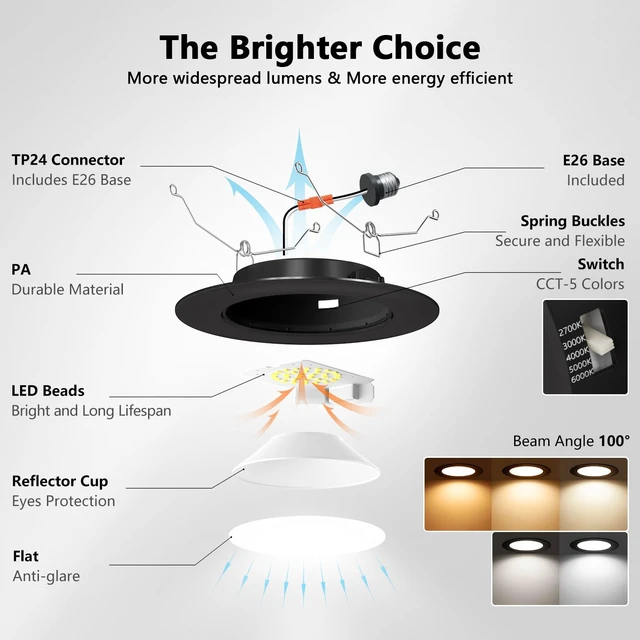 Alt view image 6 of 7 - LVWIT 6 Inch Recessed Lights, 5CCT LED Can Lights, Dimmable, 6 Pack,Black | 2700/3000/4000/5000/6000K Selectable,9W=120W,1000LM,Easy Install Retrofit Recessed Lighting 6 Inch With E26,IC Rated & ETL