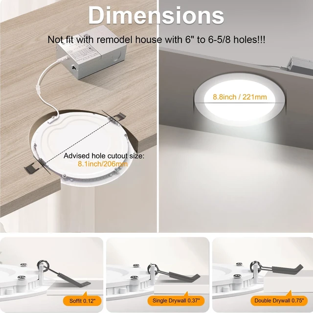 Alt view image 4 of 7 - 6 Pack 8 Inch LED Recessed Lighting with Junction Box Ultra-Thin, 3000K/4500K/6000K Selectable, 8" Dimmable Canless LED Downlight, 1800LM CRI80 High Brightness 5%-100% Recessed Light
