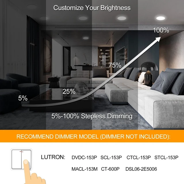 Alt view image 6 of 7 - 6 Pack 8 Inch LED Recessed Lighting with Junction Box Ultra-Thin, 3000K/4500K/6000K Selectable, 8" Dimmable Canless LED Downlight, 1800LM CRI80 High Brightness 5%-100% Recessed Light