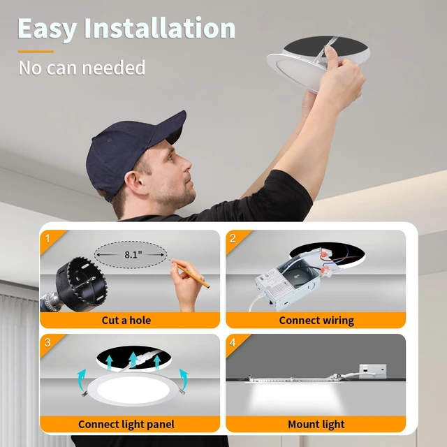 Alt view image 7 of 7 - 6 Pack 8 Inch LED Recessed Lighting with Junction Box Ultra-Thin, 3000K/4500K/6000K Selectable, 8" Dimmable Canless LED Downlight, 1800LM CRI80 High Brightness 5%-100% Recessed Light