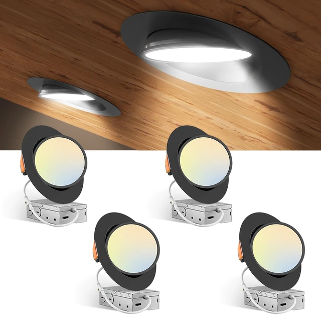 Main image of Amico 4 Pack 6 Inch Black 5CCT Gimbal LED Recessed Ceiling Light | 360°Rotation & 90°Tilt, 12W 1200LM, CRI90+, Dimmable, ETL&FCC, Adjustable Eyeball Directional Wafer Downlight, J-Box Included
