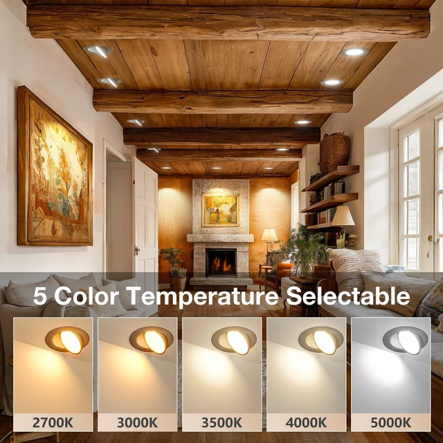 Alt view image 3 of 7 - Amico 4 Pack 6 Inch Black 5CCT Gimbal LED Recessed Ceiling Light | 360°Rotation & 90°Tilt, 12W 1200LM, CRI90+, Dimmable, ETL&FCC, Adjustable Eyeball Directional Wafer Downlight, J-Box Included