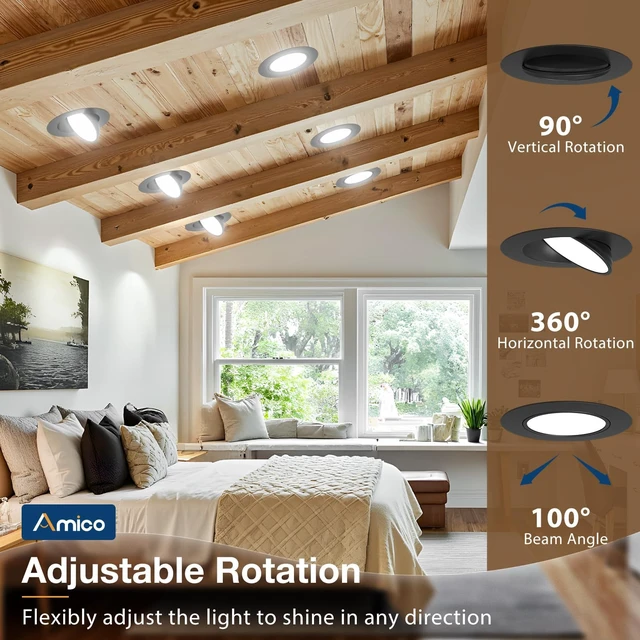 Alt view image 2 of 7 - Amico 4 Pack 6 Inch Black 5CCT Gimbal LED Recessed Ceiling Light | 360°Rotation & 90°Tilt, 12W 1200LM, CRI90+, Dimmable, ETL&FCC, Adjustable Eyeball Directional Wafer Downlight, J-Box Included