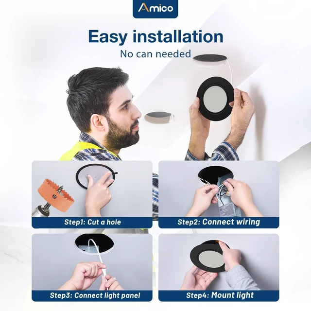 Alt view image 5 of 7 - Amico 4 Pack 6 Inch Black 5CCT Gimbal LED Recessed Ceiling Light | 360°Rotation & 90°Tilt, 12W 1200LM, CRI90+, Dimmable, ETL&FCC, Adjustable Eyeball Directional Wafer Downlight, J-Box Included