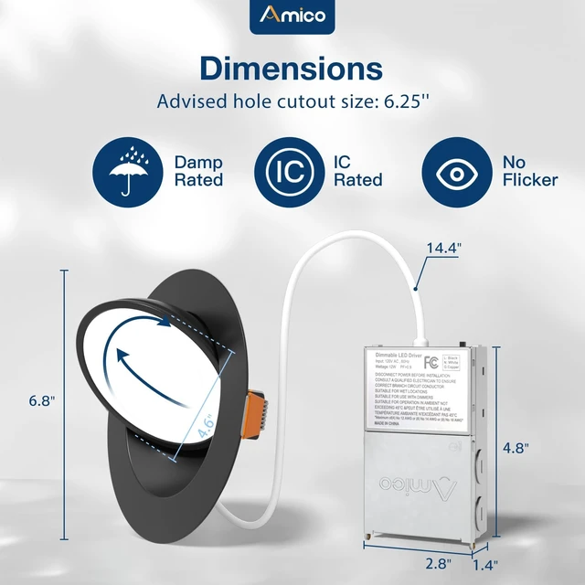 Alt view image 6 of 7 - Amico 4 Pack 6 Inch Black 5CCT Gimbal LED Recessed Ceiling Light | 360°Rotation & 90°Tilt, 12W 1200LM, CRI90+, Dimmable, ETL&FCC, Adjustable Eyeball Directional Wafer Downlight, J-Box Included