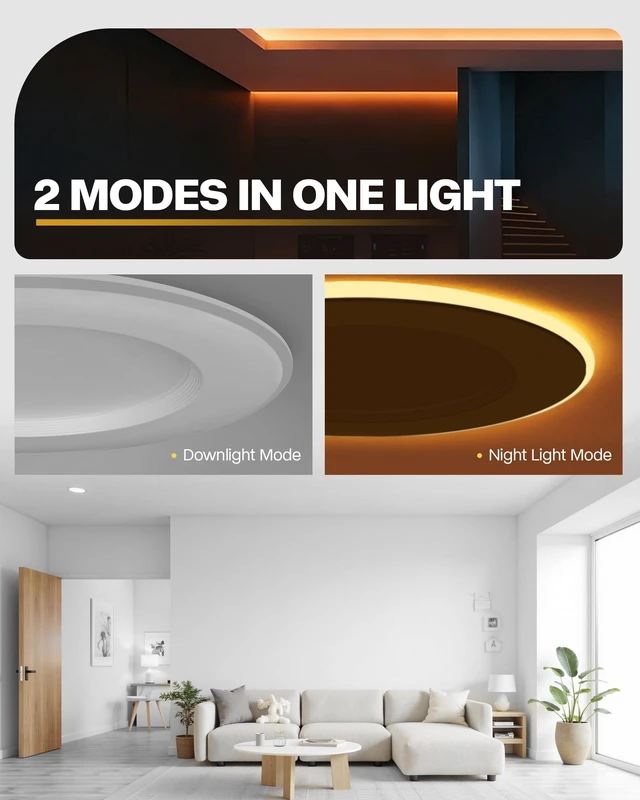 Alt view image 2 of 7 - POWERASIA 12 Pack 5/6 Inch 5CCT LED Recessed Lighting with Night Light | 2700K/3000K/4000K/5000/6000K Selectable Flat Recessed Lighting, 10W=100W, 1000LM Retrofit Can Light, Dimmable, ETL & FCC