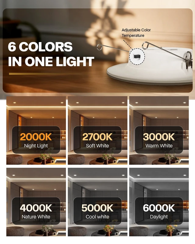 Alt view image 7 of 7 - POWERASIA 12 Pack 5/6 Inch 5CCT LED Recessed Lighting with Night Light | 2700K/3000K/4000K/5000/6000K Selectable Flat Recessed Lighting, 10W=100W, 1000LM Retrofit Can Light, Dimmable, ETL & FCC