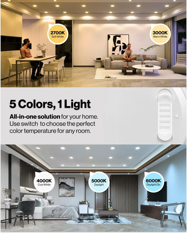 Alt view image 5 of 7 - Sunco 6 Pack 6 Inch Retrofit LED Recessed Lights with Night Light, 5CCT | 1000LM, Selectable CCT 2700K/3000K/4000K/5000K/6000K, Dimmable, 12W, Can Ceiling Recessed Downlight, Built-in Night Light