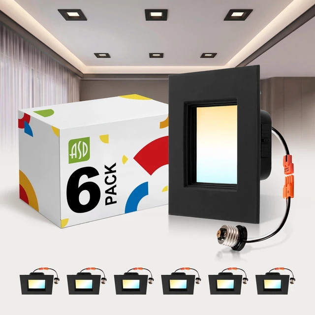 Main image of ASD LED Black Retrofit 4 Inch Recessed Lights - Square 9W 709LM 2700-5000K Recessed Lighting 4 Inch, Wet Rated Dimmable Can Lights, Baffle Trim Wafer Lights, UL 6 Pack