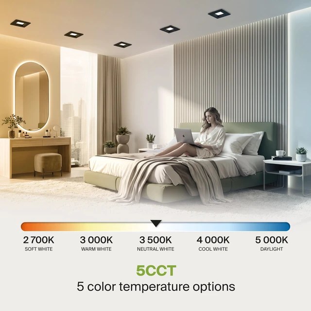 Alt view image 5 of 7 - ASD LED Black Retrofit 4 Inch Recessed Lights - Square 9W 709LM 2700-5000K Recessed Lighting 4 Inch, Wet Rated Dimmable Can Lights, Baffle Trim Wafer Lights, UL 6 Pack