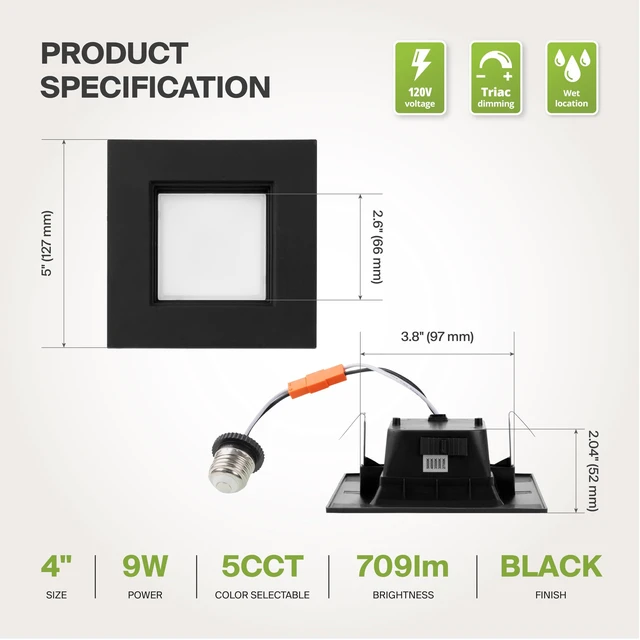 Alt view image 7 of 7 - ASD LED Black Retrofit 4 Inch Recessed Lights - Square 9W 709LM 2700-5000K Recessed Lighting 4 Inch, Wet Rated Dimmable Can Lights, Baffle Trim Wafer Lights, UL 6 Pack