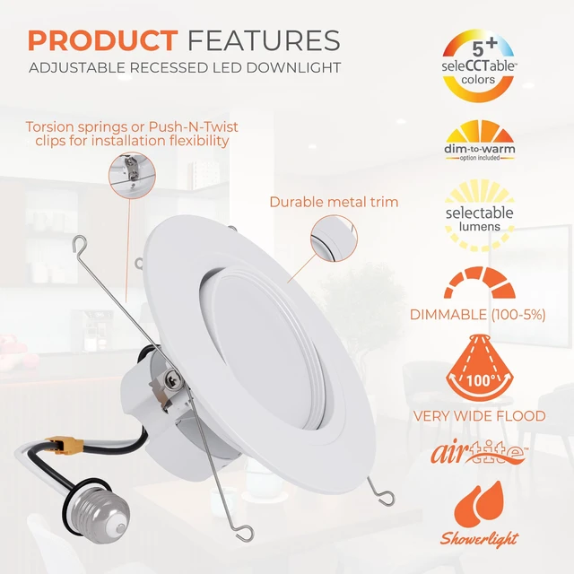 Alt view image 2 of 7 - HALO RA 6 inch LED Recessed Lighting Retrofit Gimbal Trim 5CCT 600/900lm | Baffle adjustable LED trim, low glare, wet-rated for showers and outdoor use, Dims to 5% + dim to warm, 35 ° tilt 360° rotate
