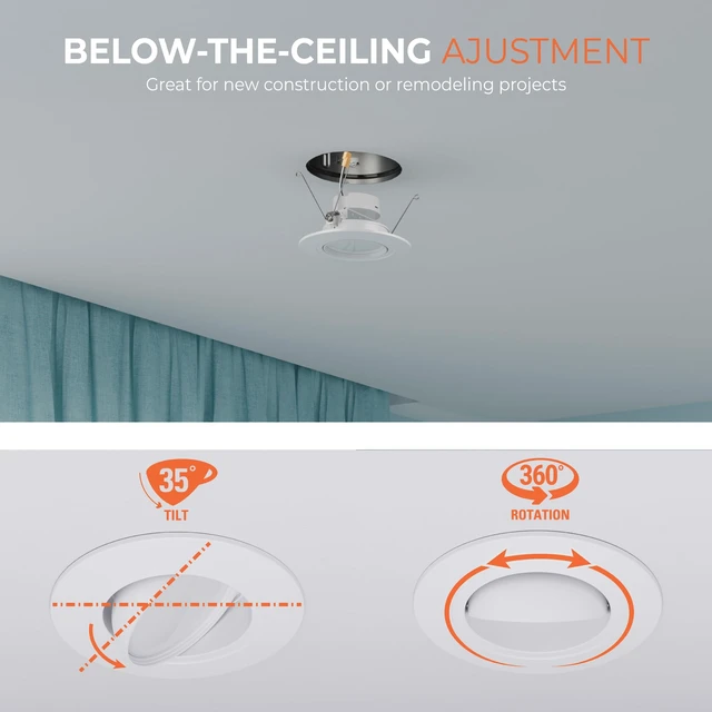 Alt view image 3 of 7 - HALO RA 6 inch LED Recessed Lighting Retrofit Gimbal Trim 5CCT 600/900lm | Baffle adjustable LED trim, low glare, wet-rated for showers and outdoor use, Dims to 5% + dim to warm, 35 ° tilt 360° rotate