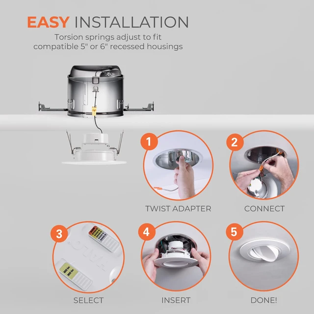 Alt view image 4 of 7 - HALO RA 6 inch LED Recessed Lighting Retrofit Gimbal Trim 5CCT 600/900lm | Baffle adjustable LED trim, low glare, wet-rated for showers and outdoor use, Dims to 5% + dim to warm, 35 ° tilt 360° rotate