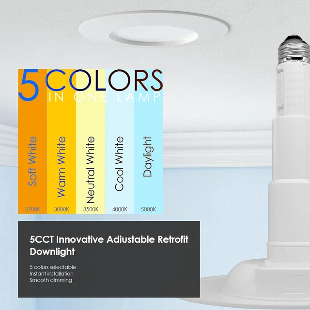 Alt view image 3 of 7 - Jolux 4-Pack 5/6 Inch 5CCT Retrofit LED Recessed Lighting Can Lights | 2700K-5000K Selectable,CRI90+,12W=60W,800LM,Dimmable,Simple Installation Adjustable Retrofit Downlight,Bevel Trim,E26 Base