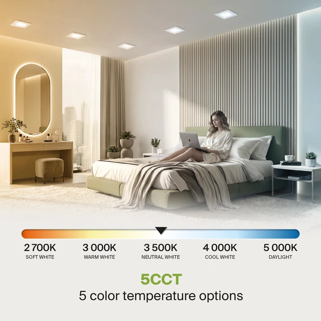 Alt view image 5 of 7 - ASD LED Retrofit 4 Inch Recessed Lights - Square 9W 709LM 2700-5000K Recessed Lighting 4 Inch, Wet Rated Dimmable Can Lights, Baffle Trim Wafer Lights, UL 6 Pack