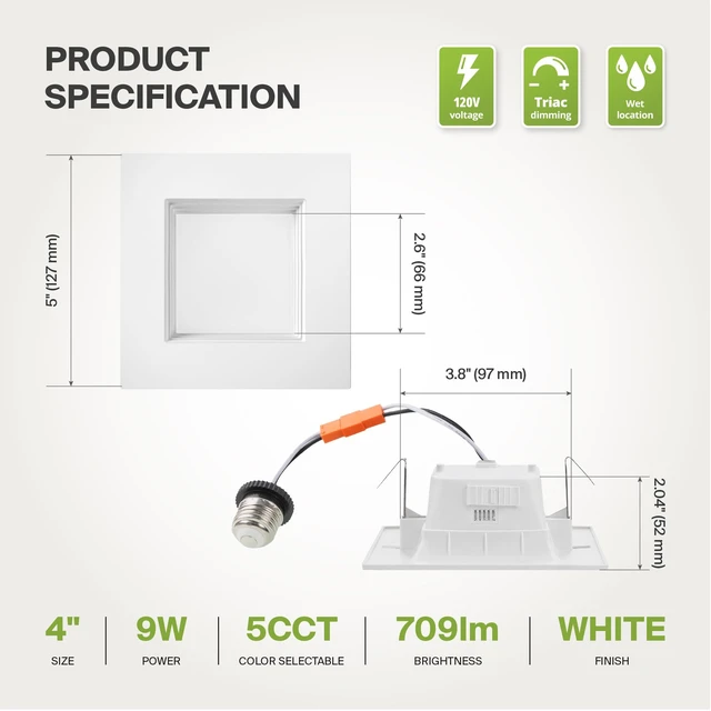 Alt view image 7 of 7 - ASD LED Retrofit 4 Inch Recessed Lights - Square 9W 709LM 2700-5000K Recessed Lighting 4 Inch, Wet Rated Dimmable Can Lights, Baffle Trim Wafer Lights, UL 6 Pack