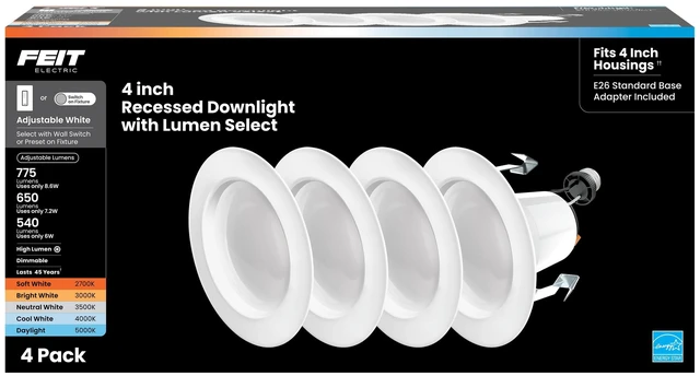 Main image of Feit Electric 4 in LED Recessed Downlight - 5CCT, Dimmable - 4 Pack | High Output 75W Equivalent, 4 Inch, 5CCT 2700K Warm White - 5000K Daylight, Retrofit Recessed Can Lighting LEDR4HO/6WYCA/4