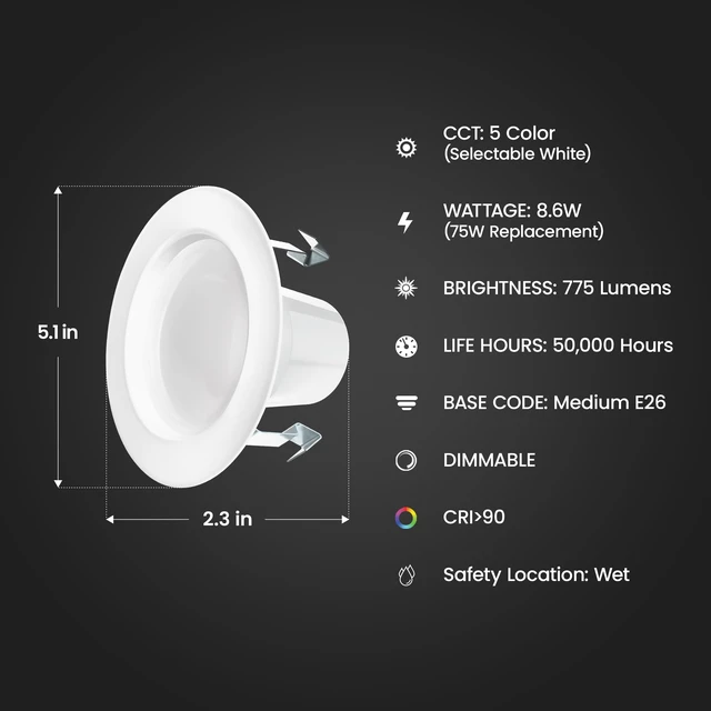 Alt view image 2 of 7 - Feit Electric 4 in LED Recessed Downlight - 5CCT, Dimmable - 4 Pack | High Output 75W Equivalent, 4 Inch, 5CCT 2700K Warm White - 5000K Daylight, Retrofit Recessed Can Lighting LEDR4HO/6WYCA/4