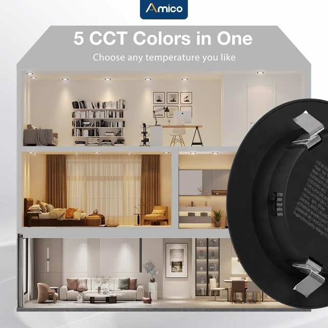 Alt view image 4 of 6 - Amico Recessed Lighting 4 Inch, 12 Pack 5CCT Flat LED Can Lights, Black | Flat Trim, Dimmable, 7W=60W, 700LM, 2700K/3000K/4000K/5000K/6000K Selectable, Easy Install, IC & Damp Rated, ETL & FCC