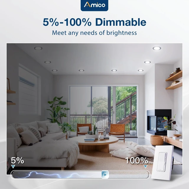 Alt view image 5 of 6 - Amico Recessed Lighting 4 Inch, 12 Pack 5CCT Flat LED Can Lights, Black | Flat Trim, Dimmable, 7W=60W, 700LM, 2700K/3000K/4000K/5000K/6000K Selectable, Easy Install, IC & Damp Rated, ETL & FCC