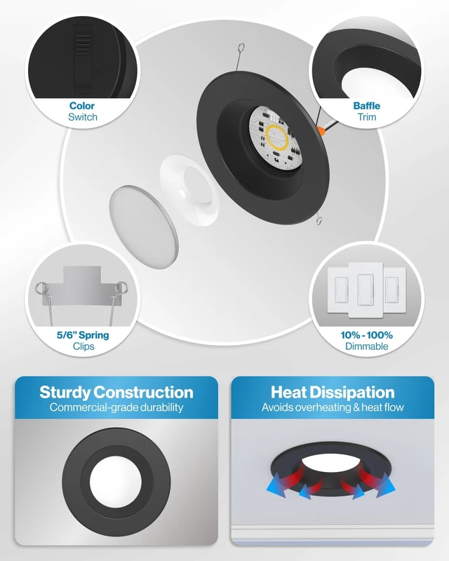 Alt view image 6 of 7 - Sunco 4 Pack 6 Inch Black Retrofit LED Recessed Lights, 5CCT, 13W=120W | 965LM, Selectable CCT 2700K/3000K/3500K/4000K/5000K, Black Baffle Trim, Dimmable Retrofit LED Downlight for Recessed Cans