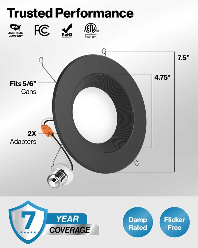 Alt view image 7 of 7 - Sunco 4 Pack 6 Inch Black Retrofit LED Recessed Lights, 5CCT, 13W=120W | 965LM, Selectable CCT 2700K/3000K/3500K/4000K/5000K, Black Baffle Trim, Dimmable Retrofit LED Downlight for Recessed Cans