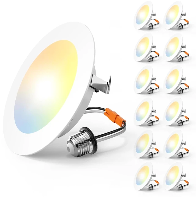 Main image of Amico Recessed Lighting 4 Inch, 12 Pack 5CCT Flat LED Can Lights, White | Flat Trim, Dimmable, 7W=60W, 700LM, 2700K/3000K/4000K/5000K/6000K Selectable, Easy Install, IC & Damp Rated, ETL & FCC