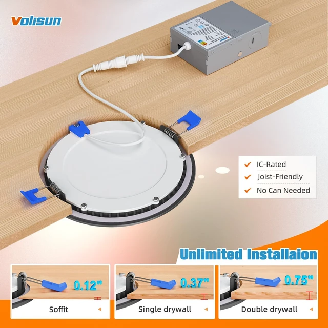 Alt view image 7 of 7 - VOLISUN 8 Pack 6 inch Recessed Lighting, 5CCT, 13W Eqv 120W, 1080LM | LED Recessed Light Black, 2700K-5000K Selectable, Dimmable Canless Wafer Downlight, LED Ceiling Light ETL Certificated