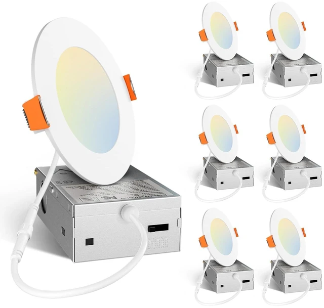 Main image of Amico 6 Pack 4 Inch LED Recessed Light with Junction Box, 5CCT, 800LM, 11W | 2700K-5000K, 5%-100% Dimmable, 120V, White, Metal Housing, Ultra-Thin Canless Wafer Downlight, ETL, FCC, IC & Damp Rated