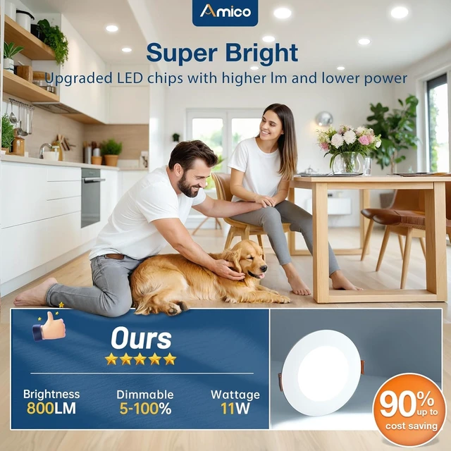 Alt view image 4 of 7 - Amico 6 Pack 4 Inch LED Recessed Light with Junction Box, 5CCT, 800LM, 11W | 2700K-5000K, 5%-100% Dimmable, 120V, White, Metal Housing, Ultra-Thin Canless Wafer Downlight, ETL, FCC, IC & Damp Rated