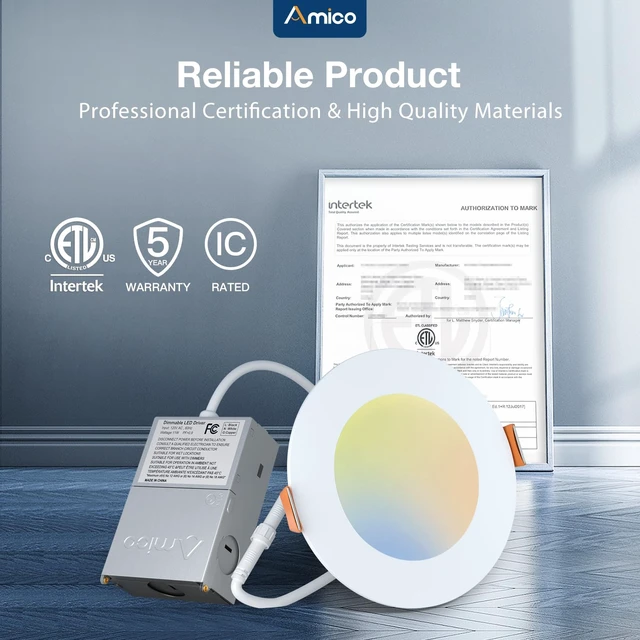 Alt view image 6 of 7 - Amico 6 Pack 4 Inch LED Recessed Light with Junction Box, 5CCT, 800LM, 11W | 2700K-5000K, 5%-100% Dimmable, 120V, White, Metal Housing, Ultra-Thin Canless Wafer Downlight, ETL, FCC, IC & Damp Rated